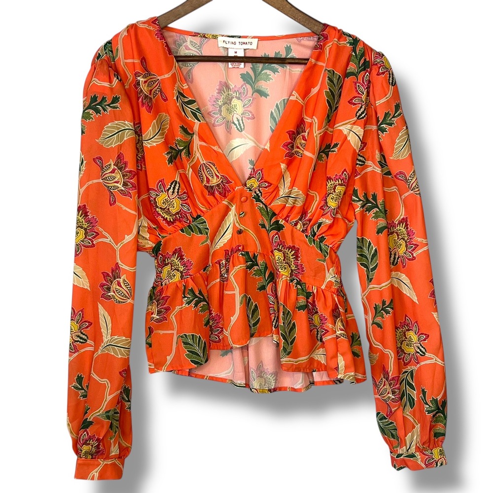 Flying‎ Tomato M Orange Floral Peplum Blouse Smocked Waist Boho Y2K Babydoll